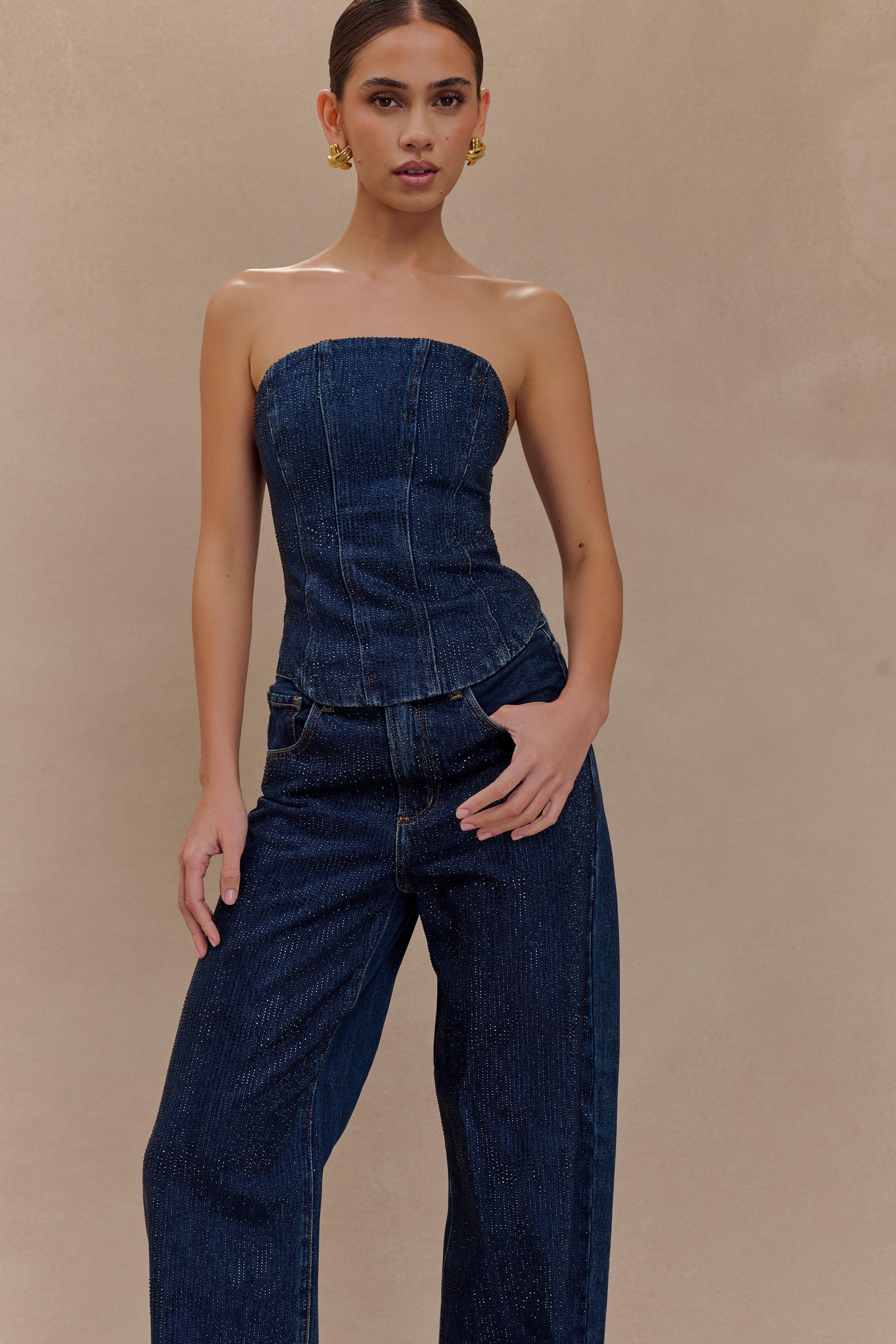 Monte Strapless Diamante Denim Corset - Midnight Blue