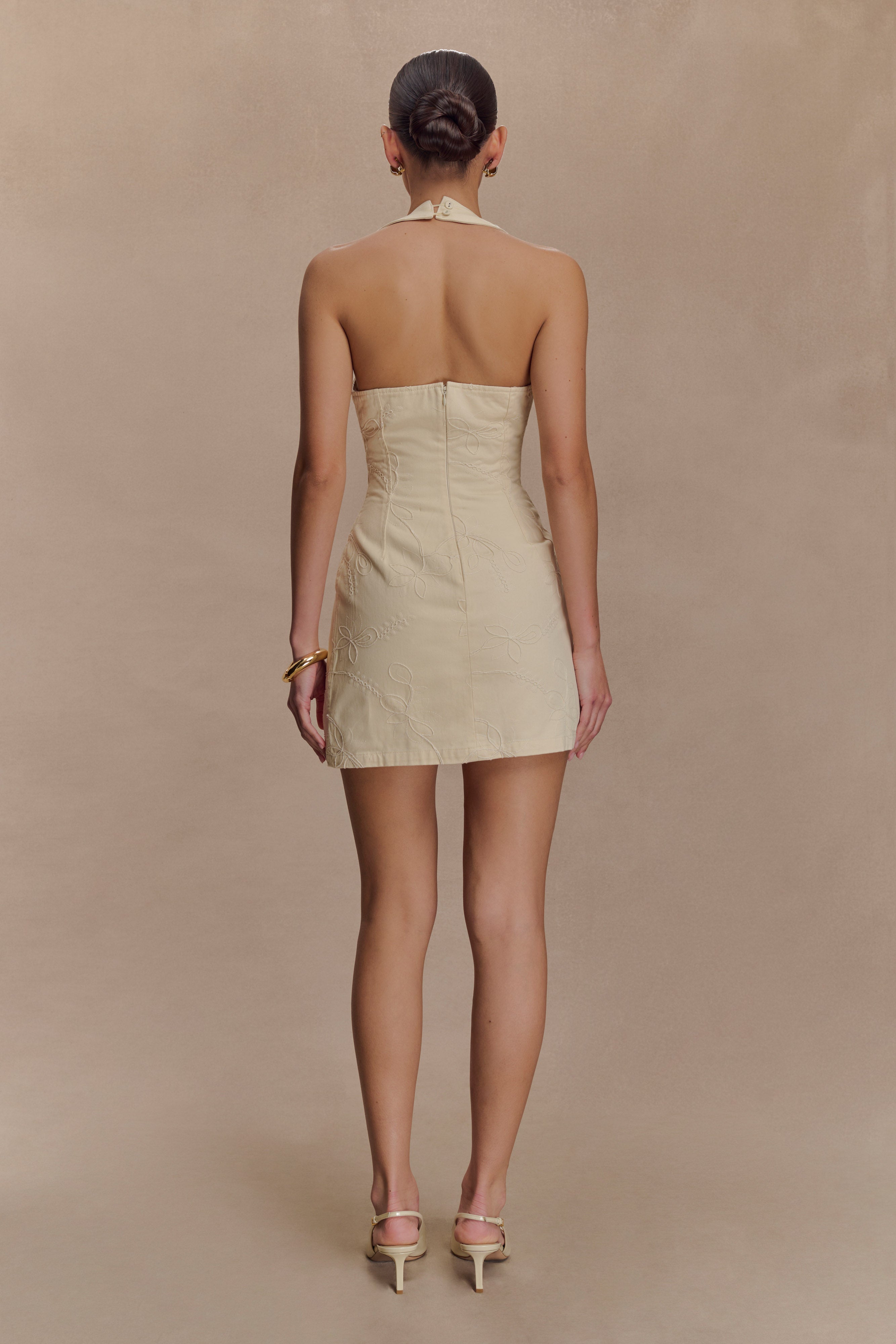 Ebony Embroidered Denim Mini Dress - Cream