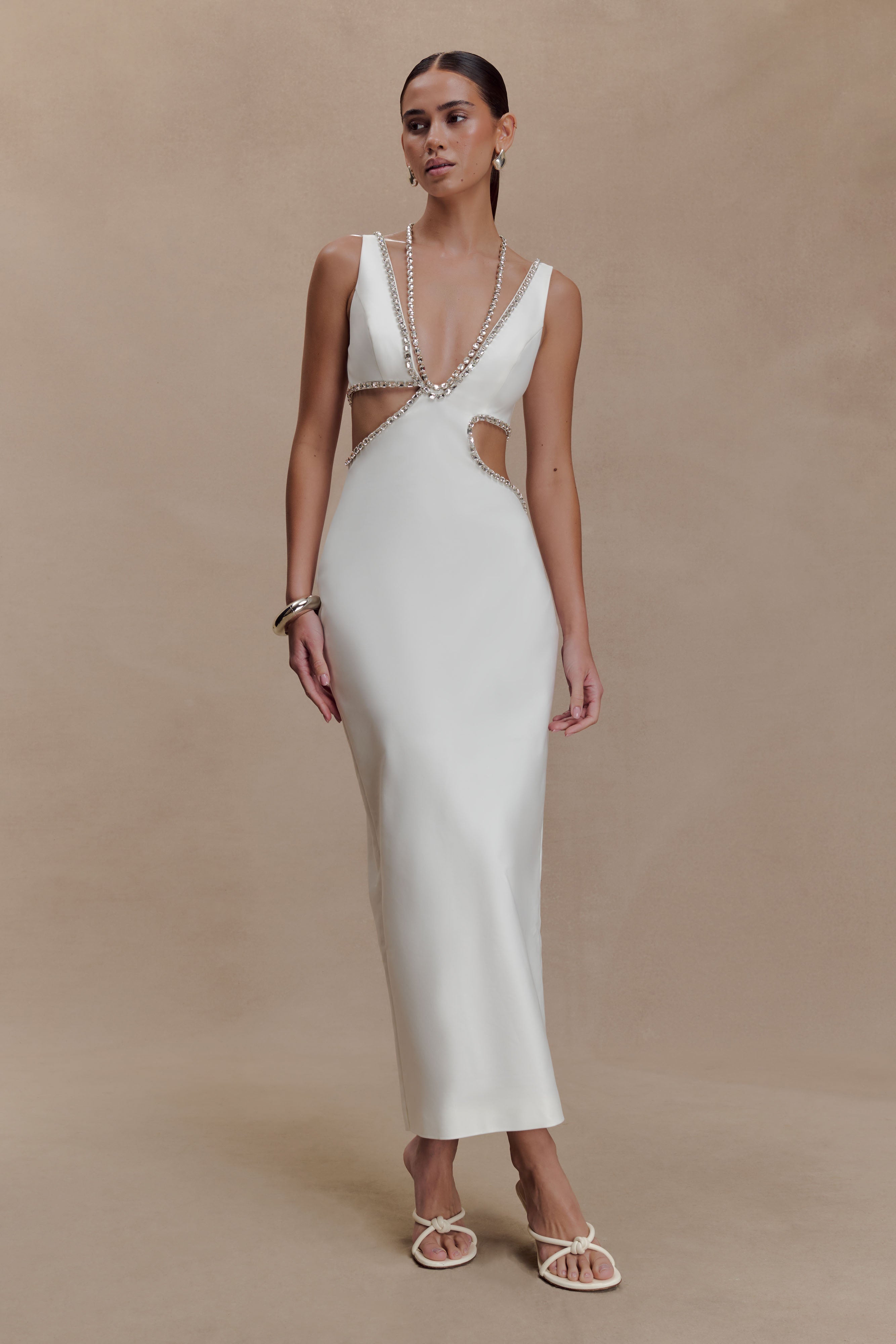 Henny Diamante Trim Cut Out Midi Dress - White