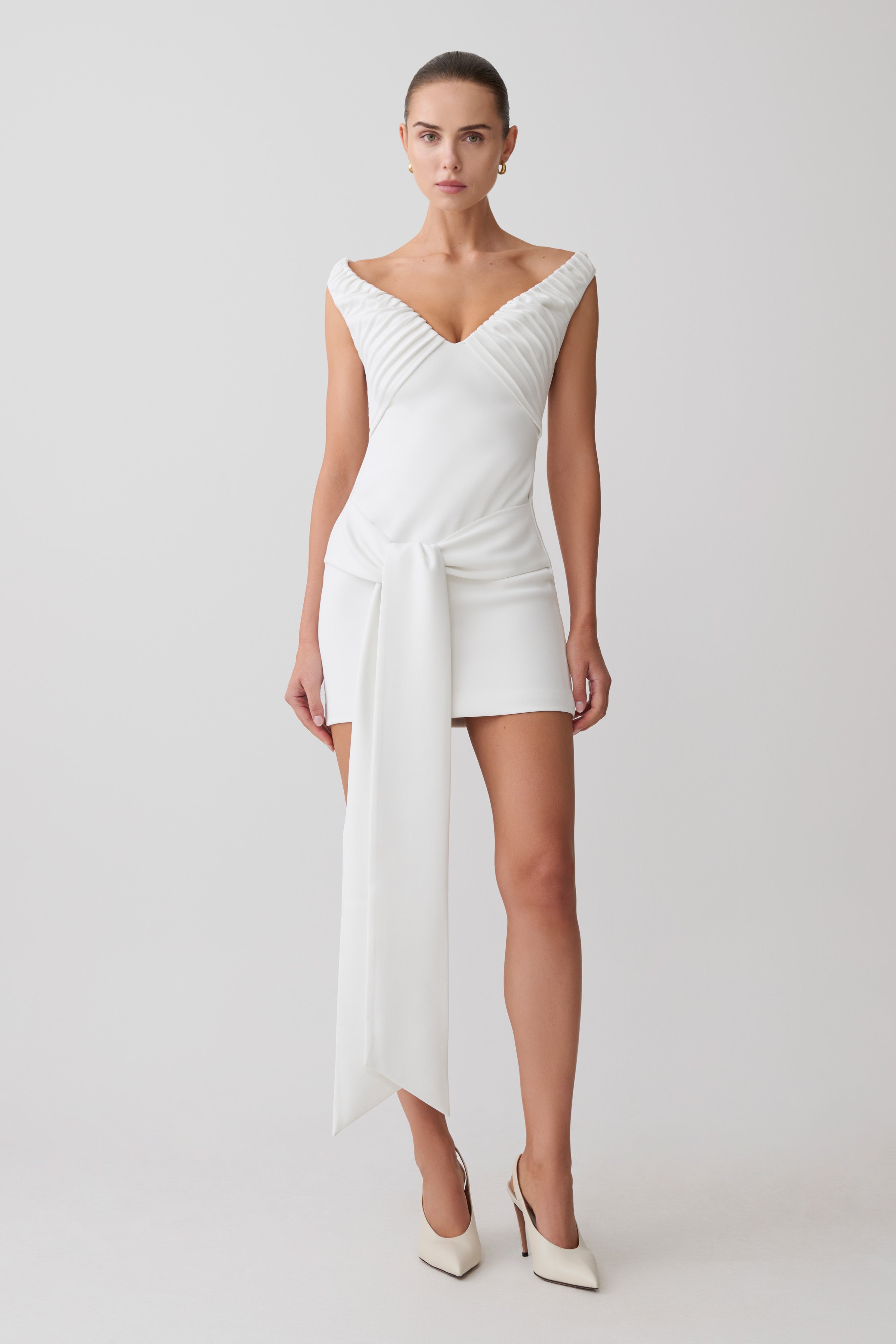 Runa Off Shoulder Mini Dress With Waist Tie - White